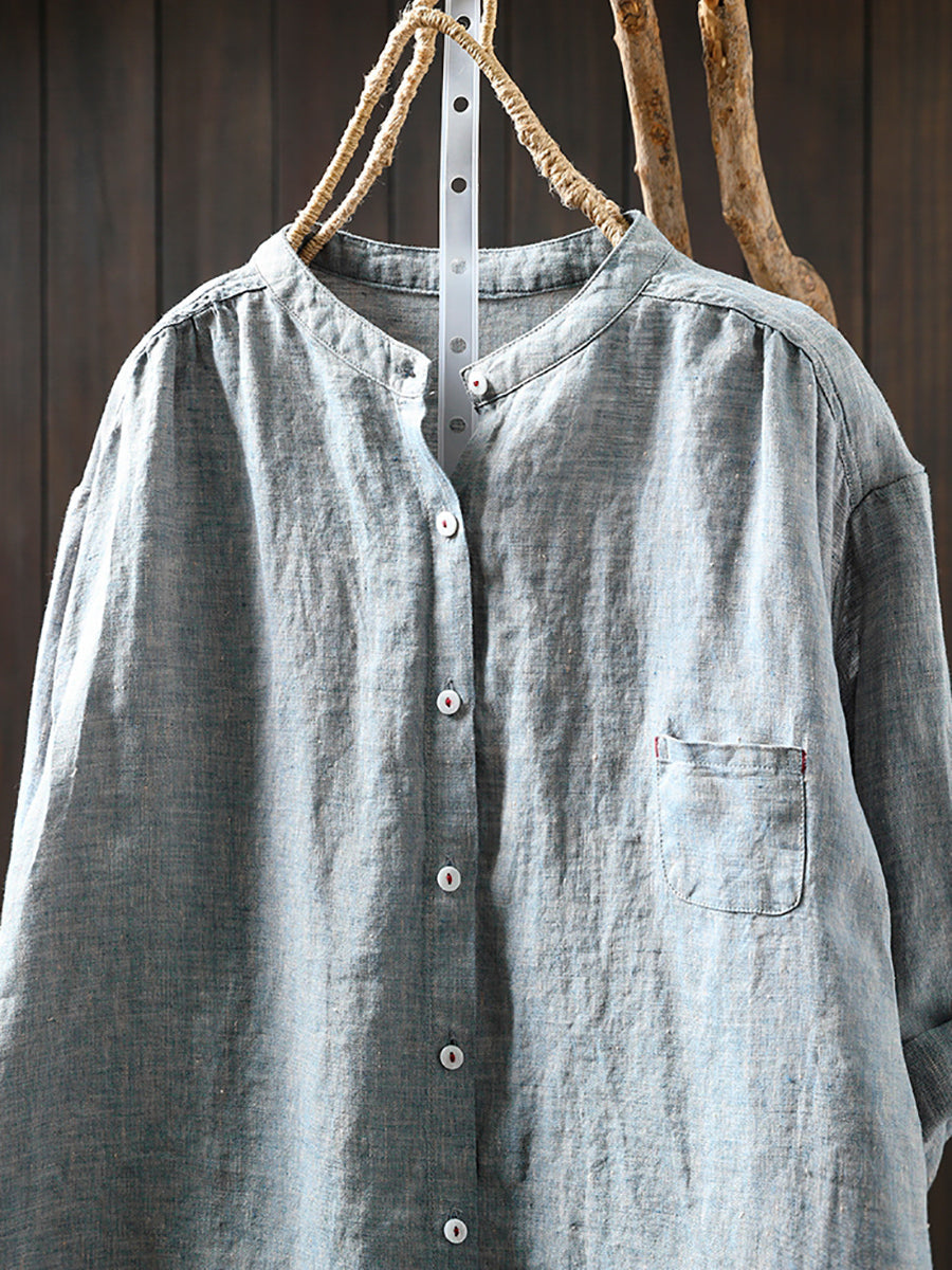 Plus Size Women Summer Pure Color Stand Collar 100%Linen Shirt