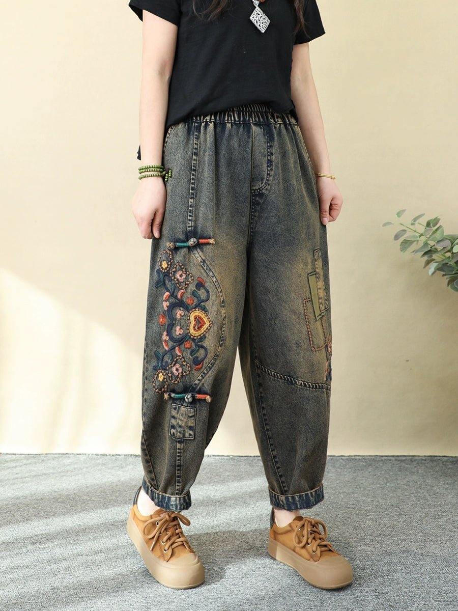 Women Ethnic Flower Embroidery Denim Harem Jeans