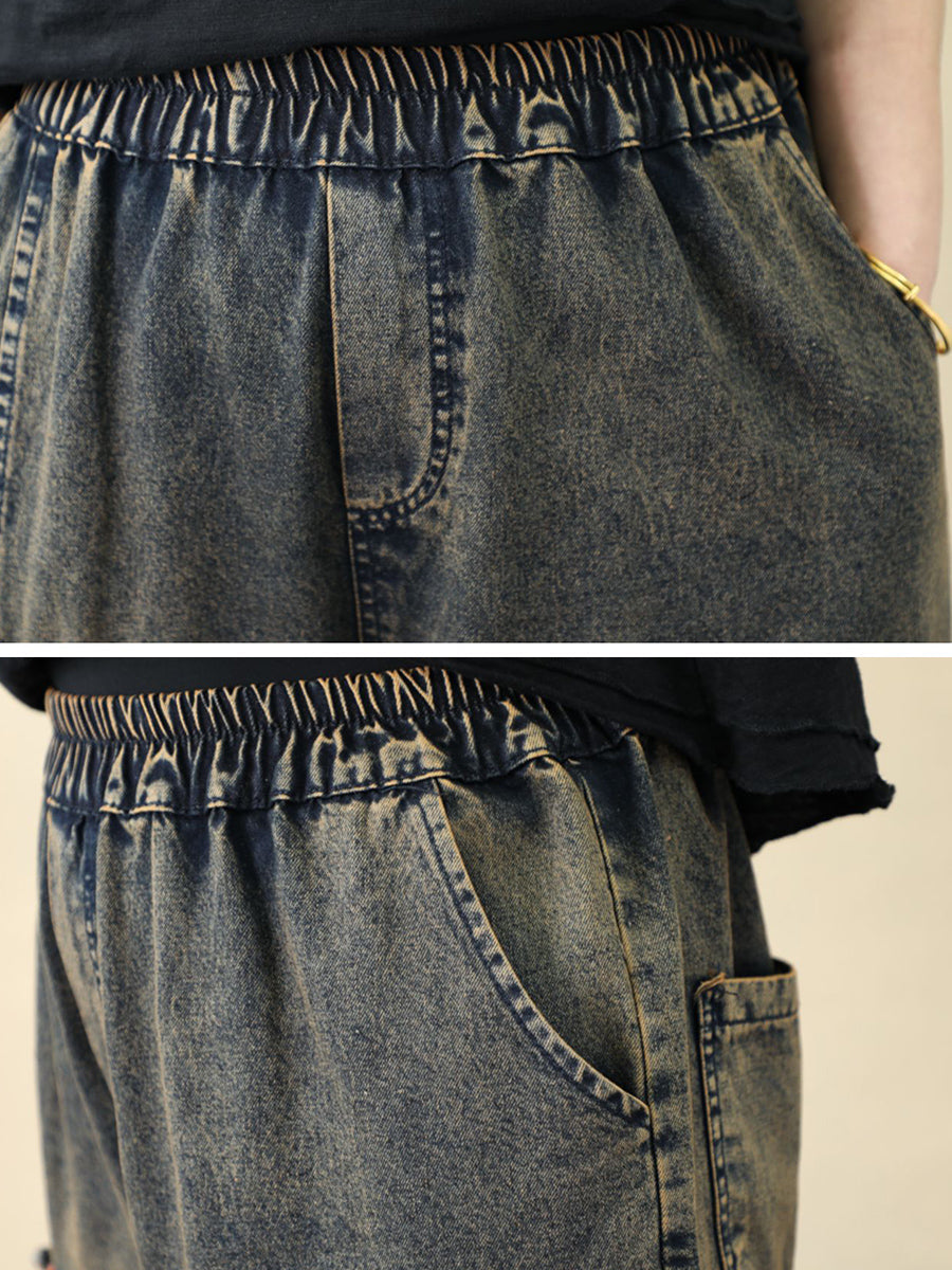Women Ethnic Flower Embroidery Denim Harem Jeans