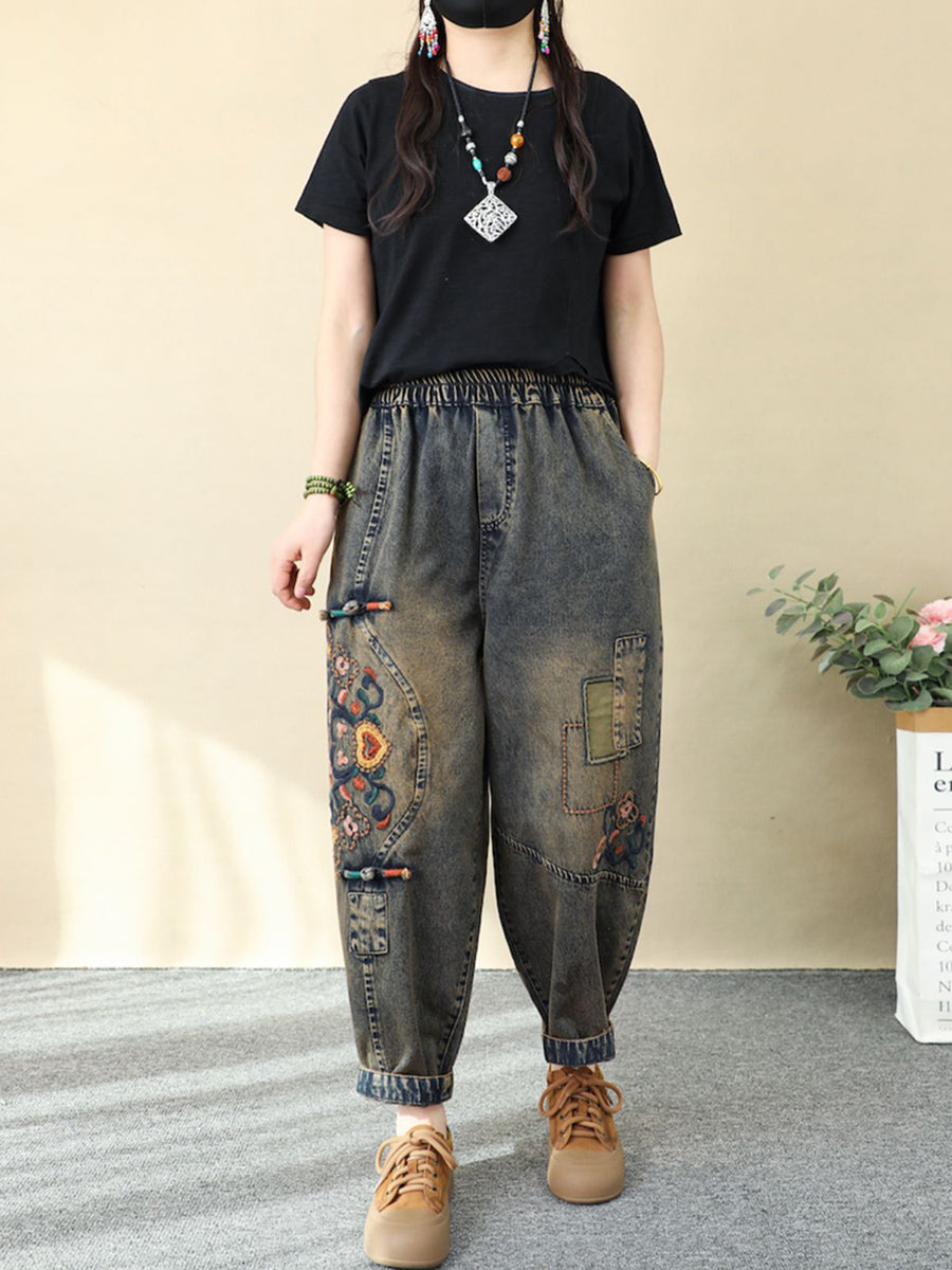 Women Ethnic Flower Embroidery Denim Harem Jeans