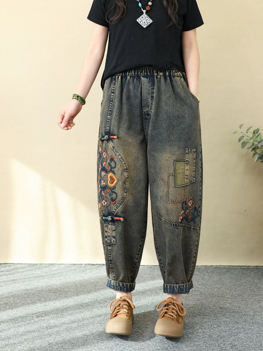 Women Ethnic Flower Embroidery Denim Harem Jeans