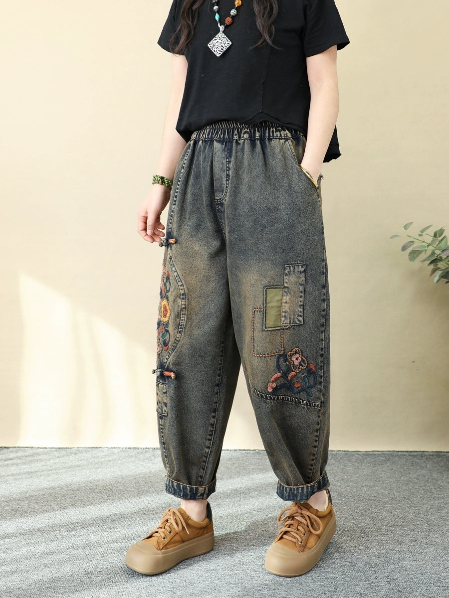 Women Ethnic Flower Embroidery Denim Harem Jeans