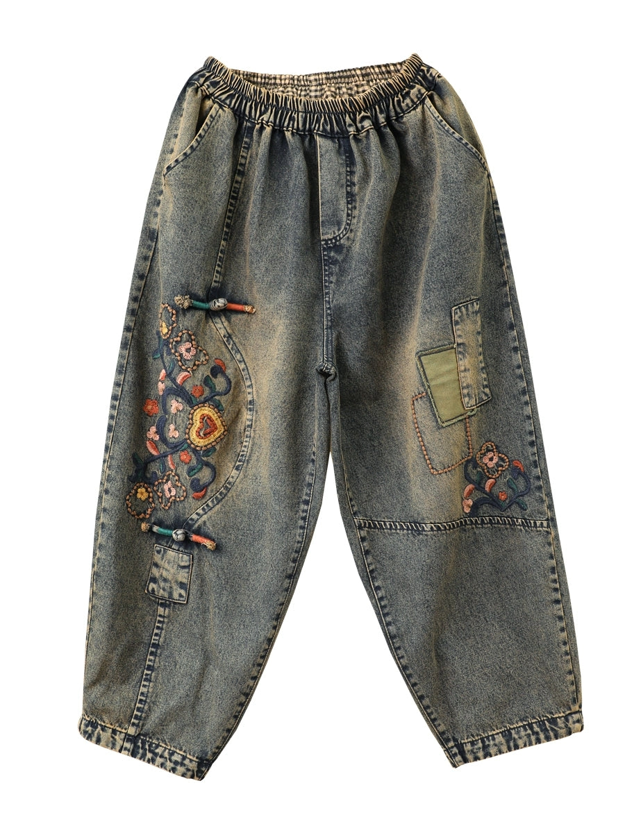 Women Ethnic Flower Embroidery Denim Harem Jeans