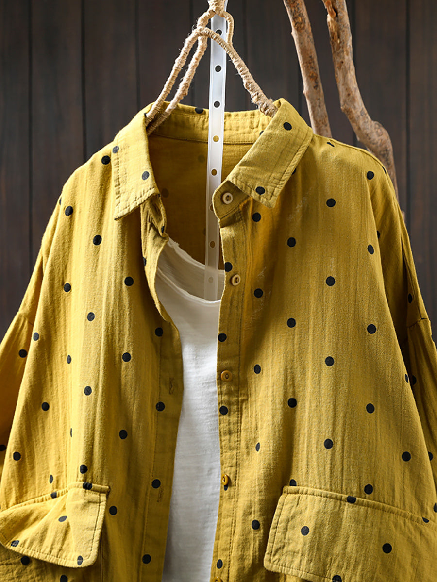 Plus Size Women Summer Dot Turn-down Collar 100%Cotton Shirt