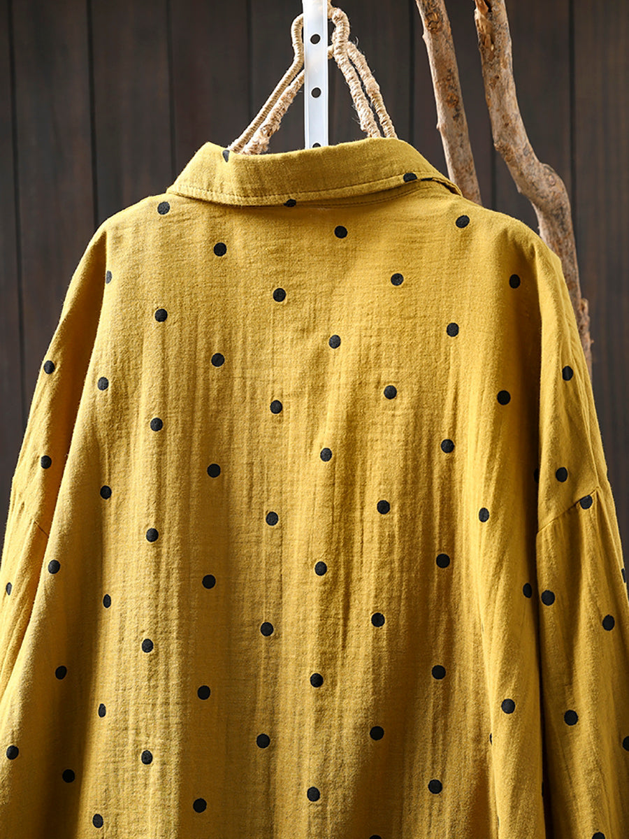 Plus Size Women Summer Dot Turn-down Collar 100%Cotton Shirt