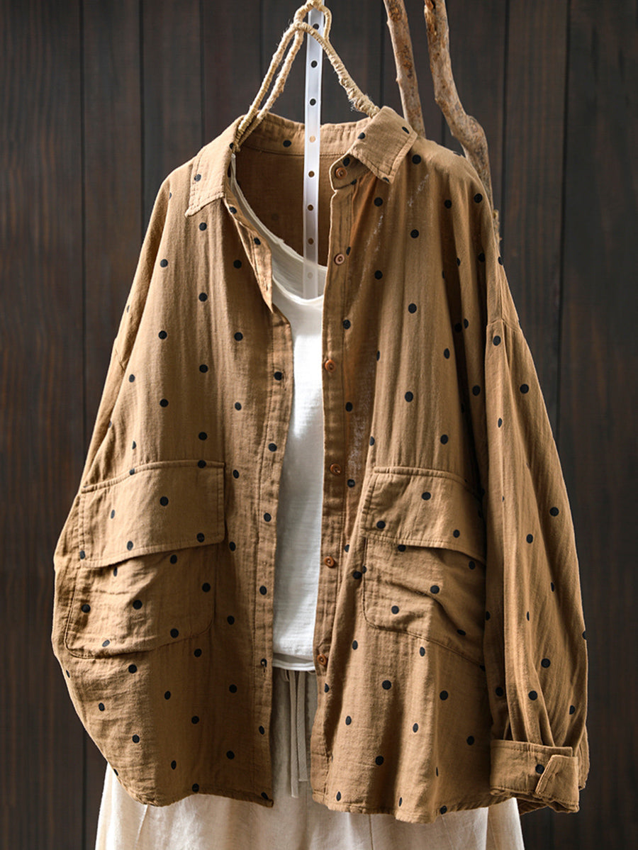 Plus Size Women Summer Dot Turn-down Collar 100%Cotton Shirt