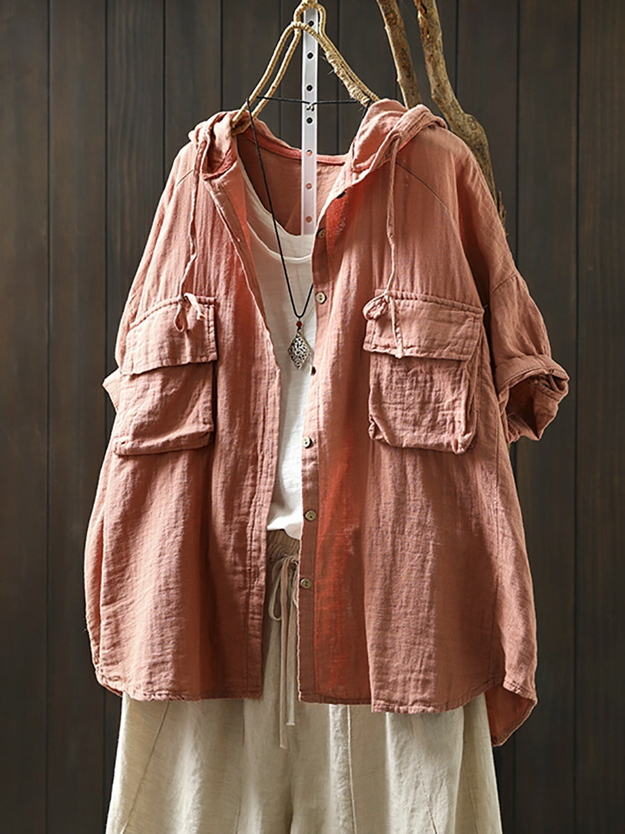 Plus Size Women Spring Pure Color 100%Cotton Hooded Shirt