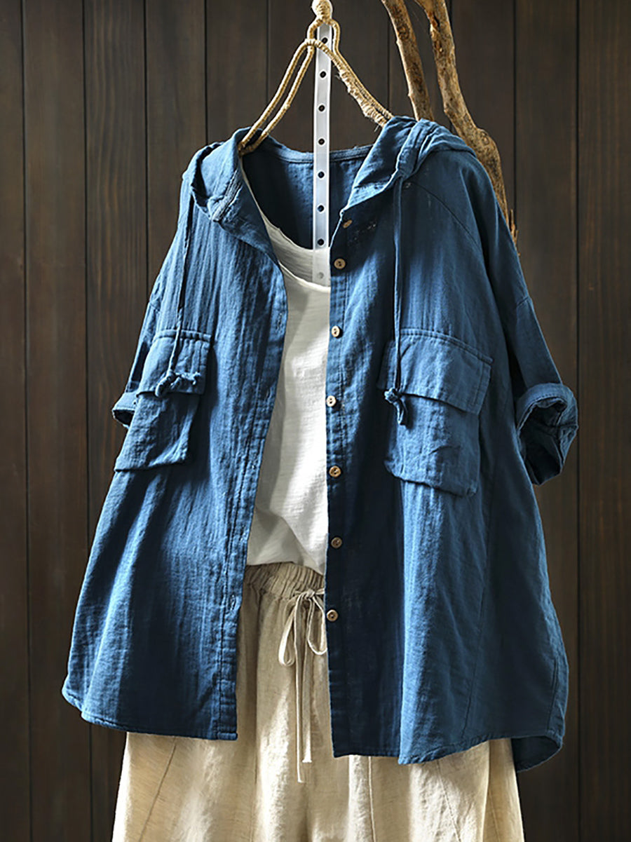 Plus Size Women Spring Pure Color 100%Cotton Hooded Shirt