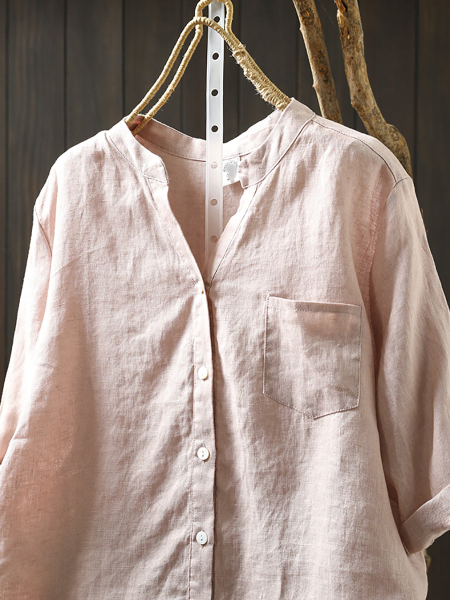 Plus Size Women Summer V-Neck Pure Color 100%Linen Shirt