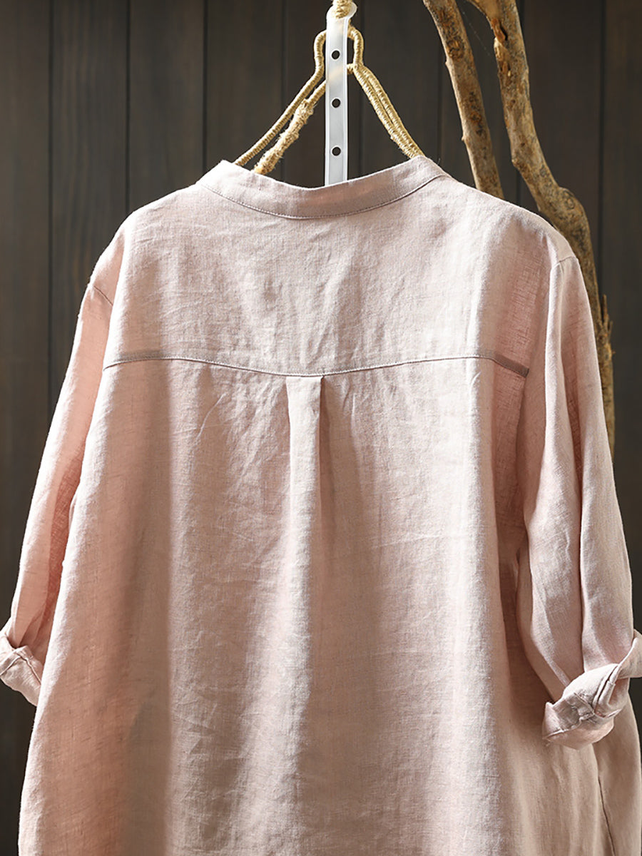 Plus Size Women Summer V-Neck Pure Color 100%Linen Shirt