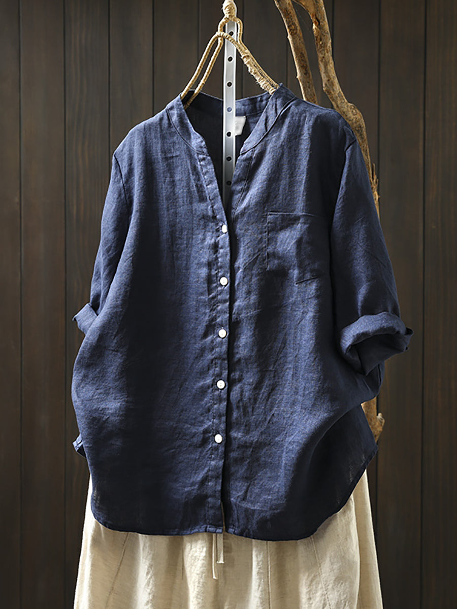 Plus Size Women Summer V-Neck Pure Color 100%Linen Shirt