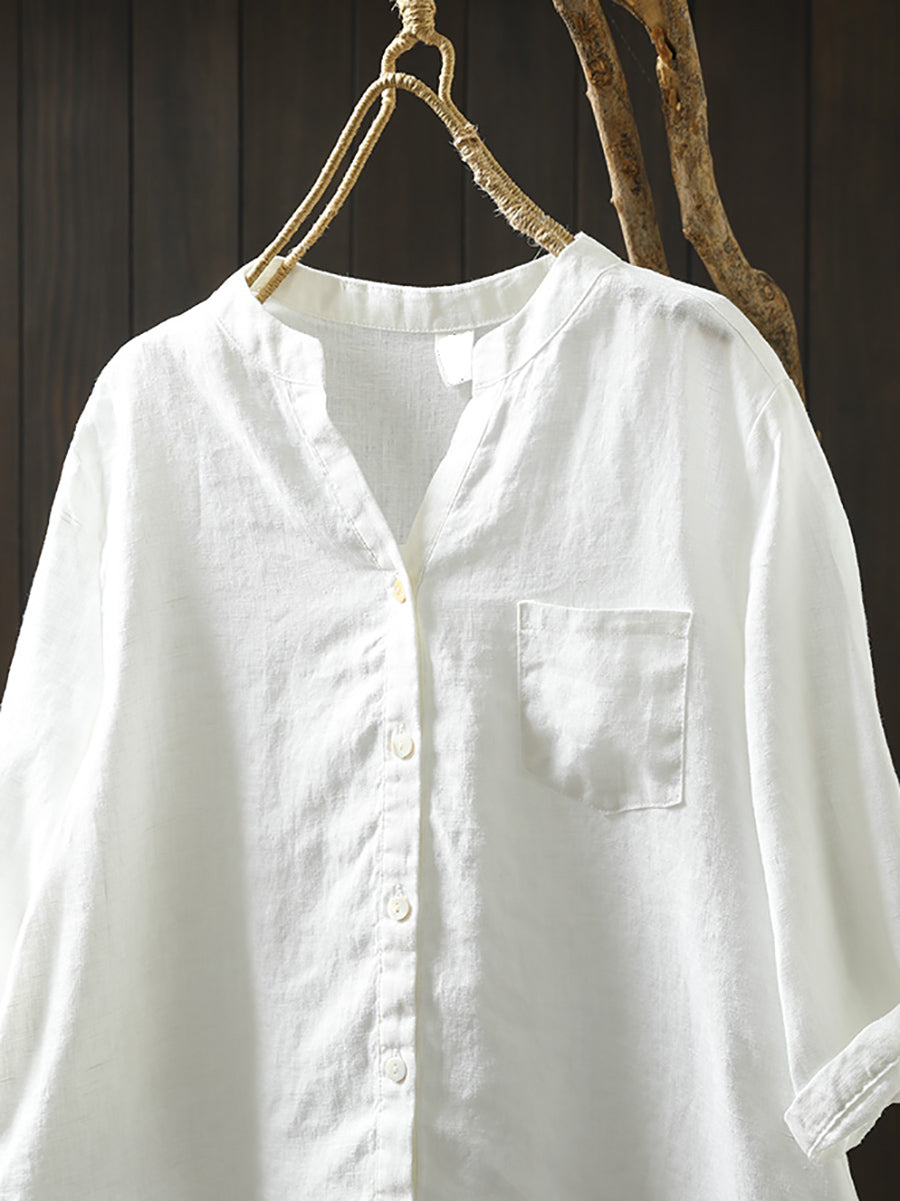Plus Size Women Summer V-Neck Pure Color 100%Linen Shirt