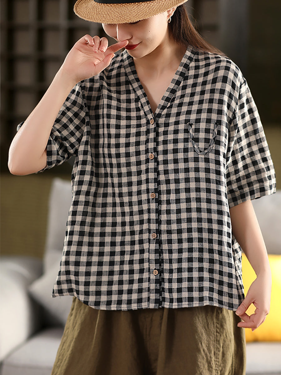 Plus Size Women Summer V-Neck Plaid 100%Linen Shirt