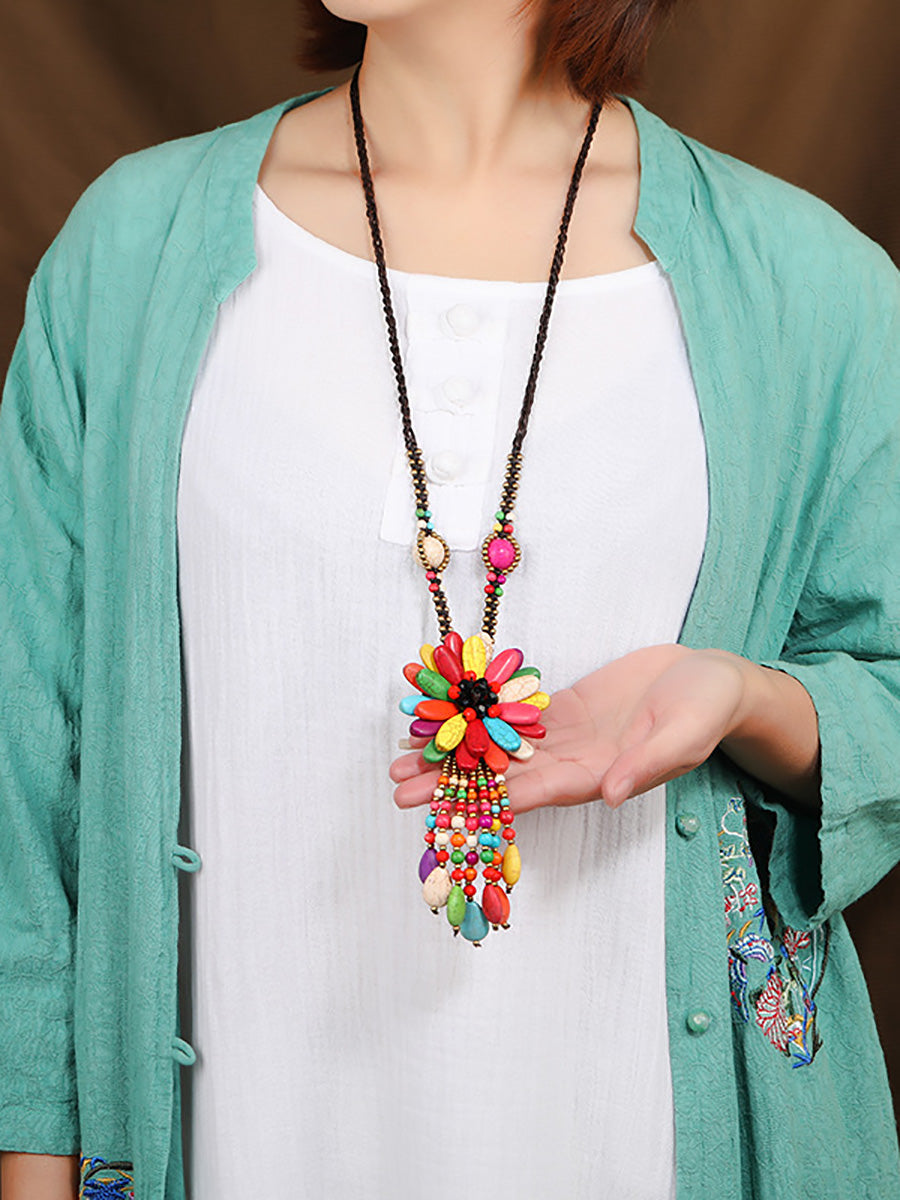 Women Ethnic Flower Turquoise Tassel Necklace
