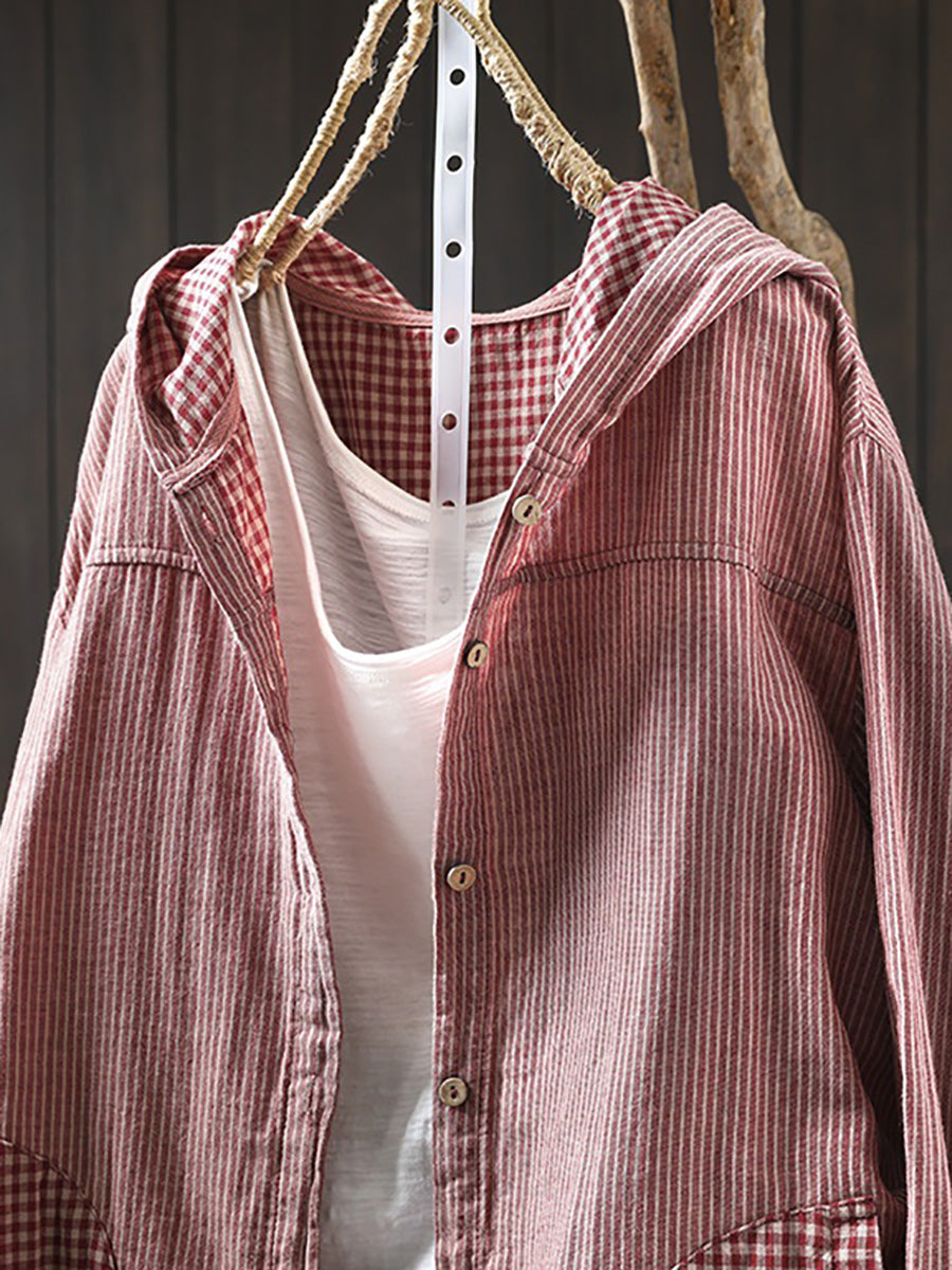 Plus Size Women Summer Vintage Stripe Hooded Cotton Linen Shirt