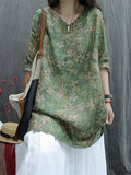 Plus Size Women Summer Artsy V-Neck Flower 100%Ramie Blouse