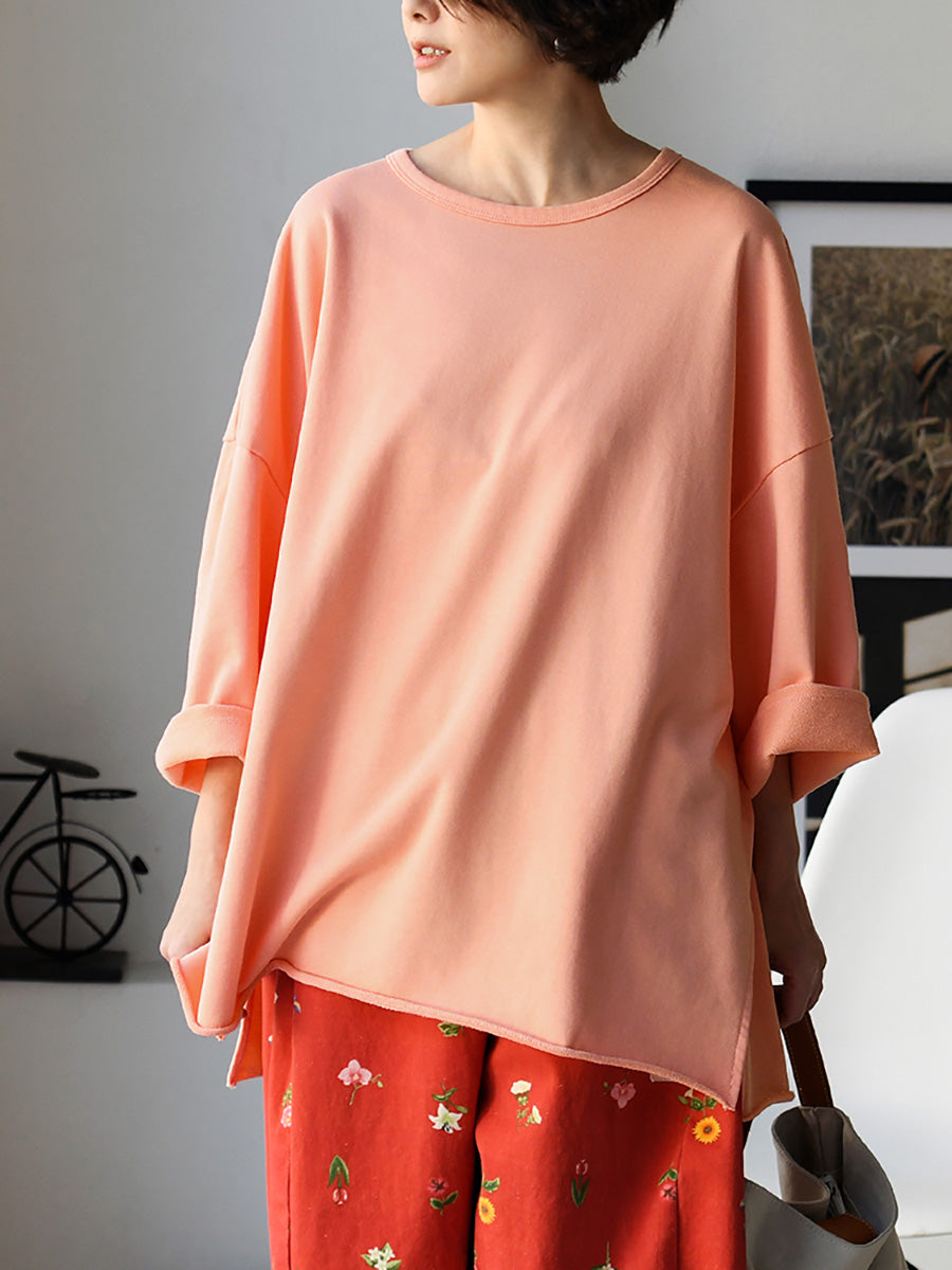 Plus Size Women Spring Casual Pure Color O-Neck Cotton Blouse