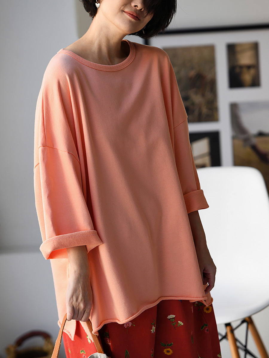 Plus Size Women Spring Casual Pure Color O-Neck Cotton Blouse