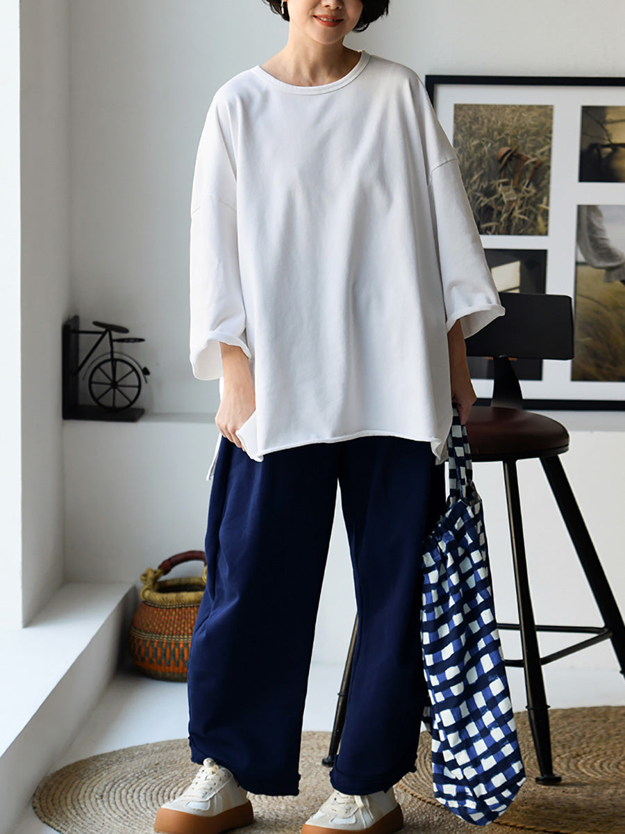 Plus Size Women Spring Casual Pure Color O-Neck Cotton Blouse
