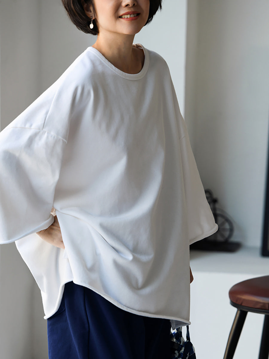 Plus Size Women Spring Casual Pure Color O-Neck Cotton Blouse