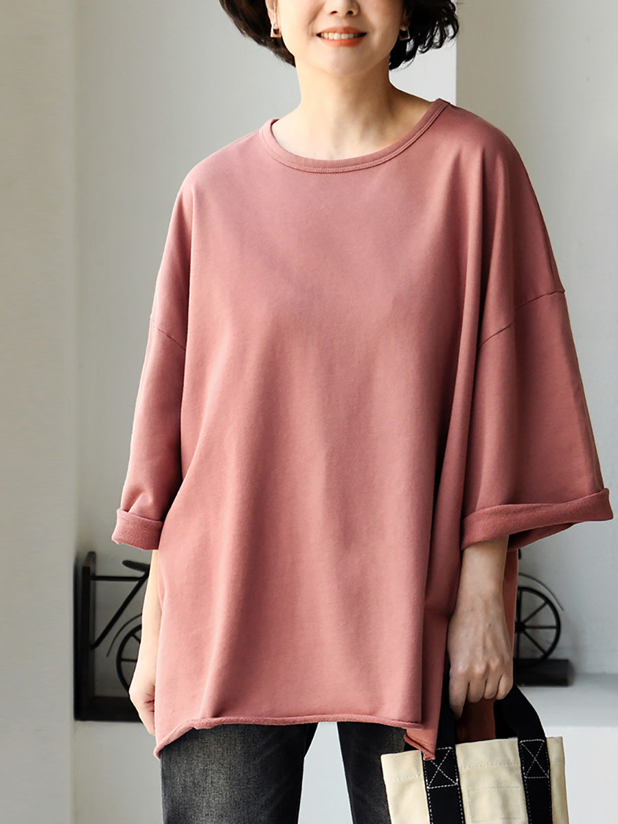 Plus Size Women Spring Casual Pure Color O-Neck Cotton Blouse
