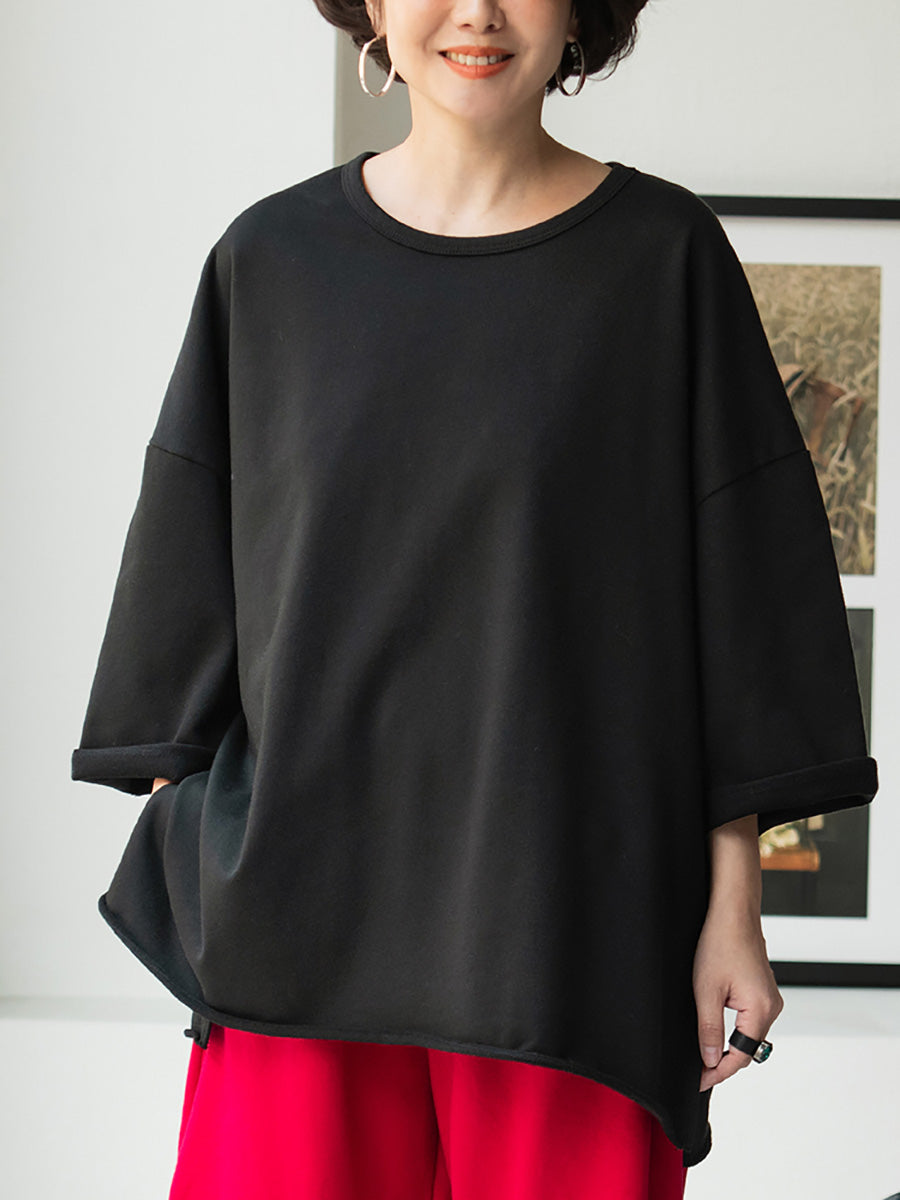 Plus Size Women Spring Casual Pure Color O-Neck Cotton Blouse