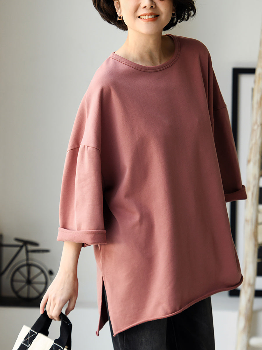 Plus Size Women Spring Casual Pure Color O-Neck Cotton Blouse