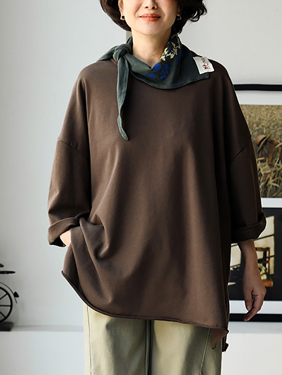 Plus Size Women Spring Casual Pure Color O-Neck Cotton Blouse