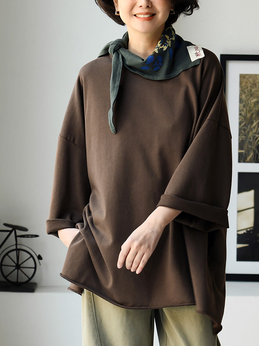 Plus Size Women Spring Casual Pure Color O-Neck Cotton Blouse