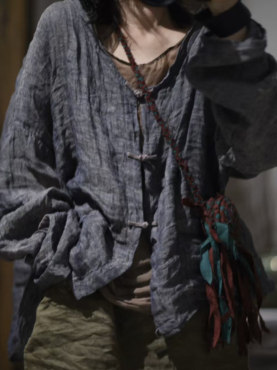 Women Summer Artsy V-Neck Pure Color Linen Cardigan Shirt