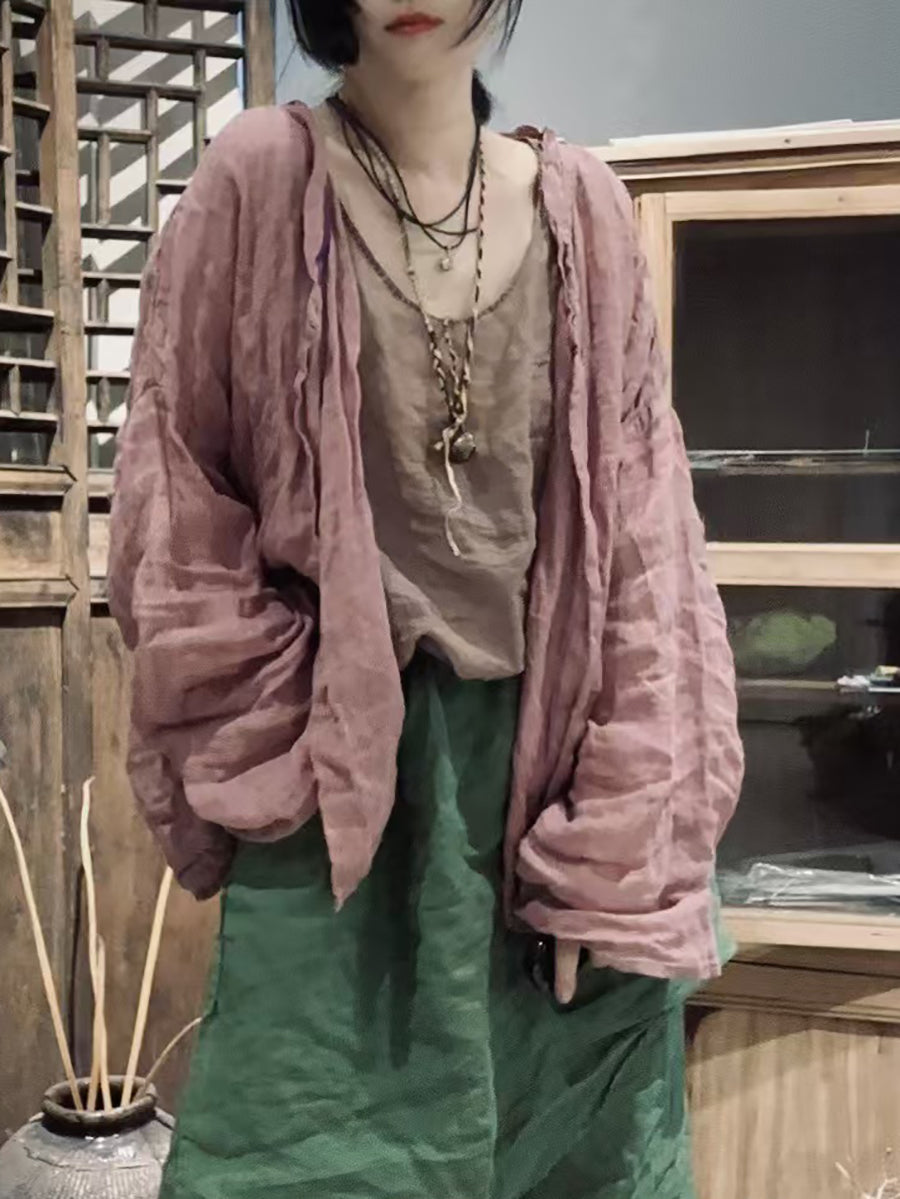 Women Summer Artsy V-Neck Pure Color Linen Cardigan Shirt