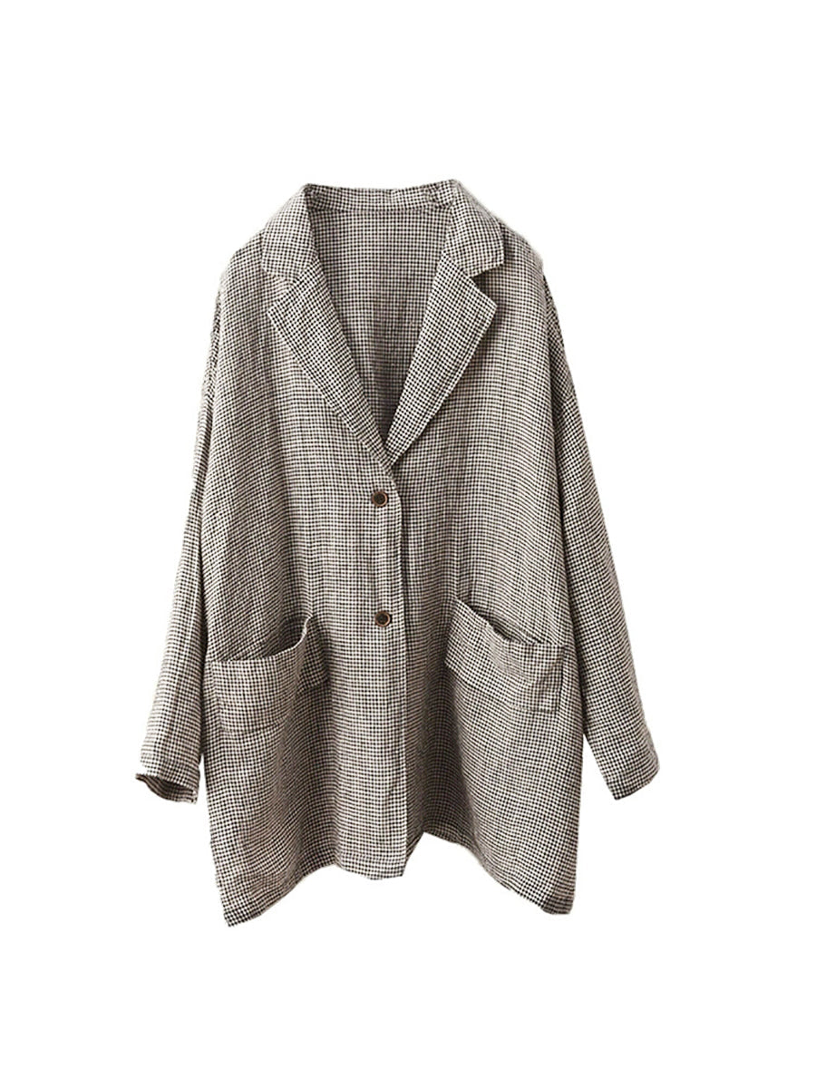 Plus Size Women Spring Vintage Lattice Turn-down Collar Linen Coat