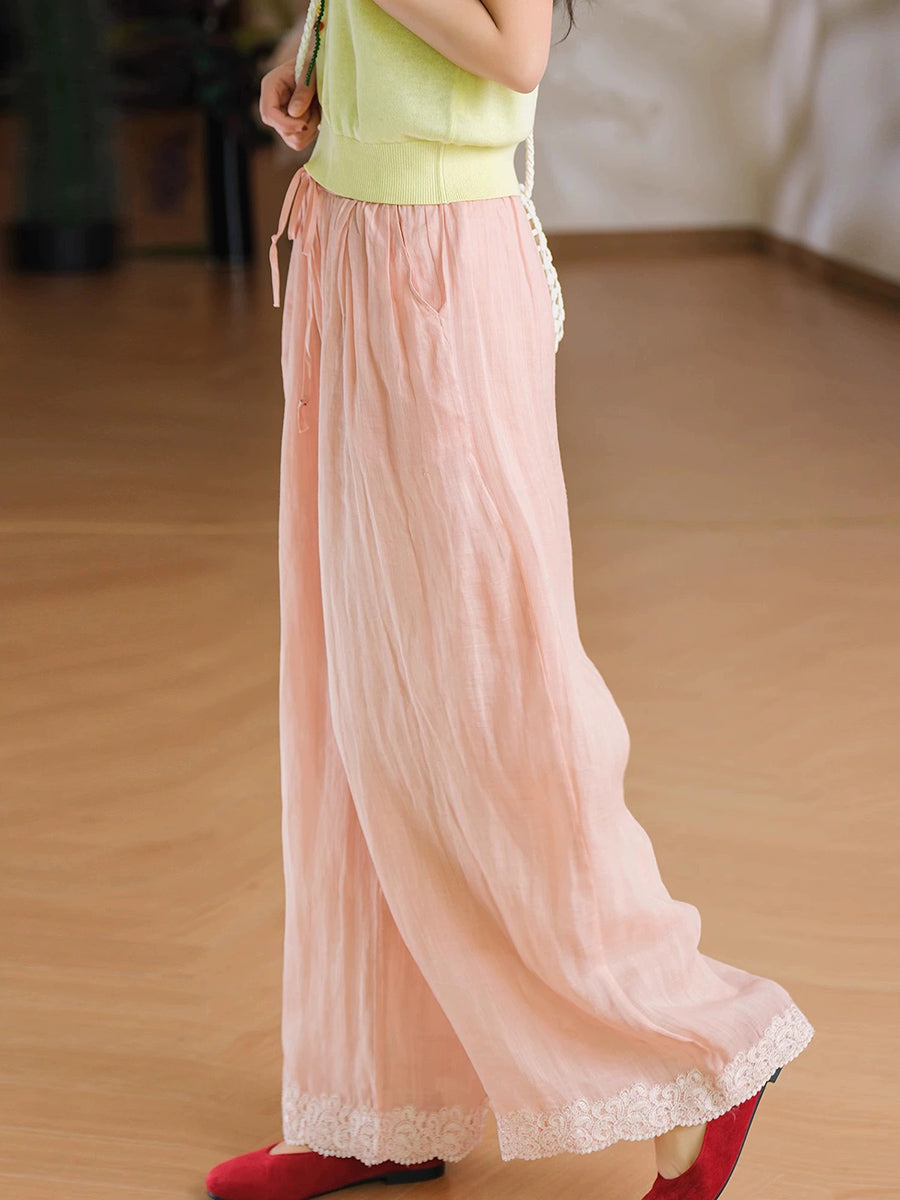 Women Summer Artsy Pure Color 100%Ramie Wide-leg Pants