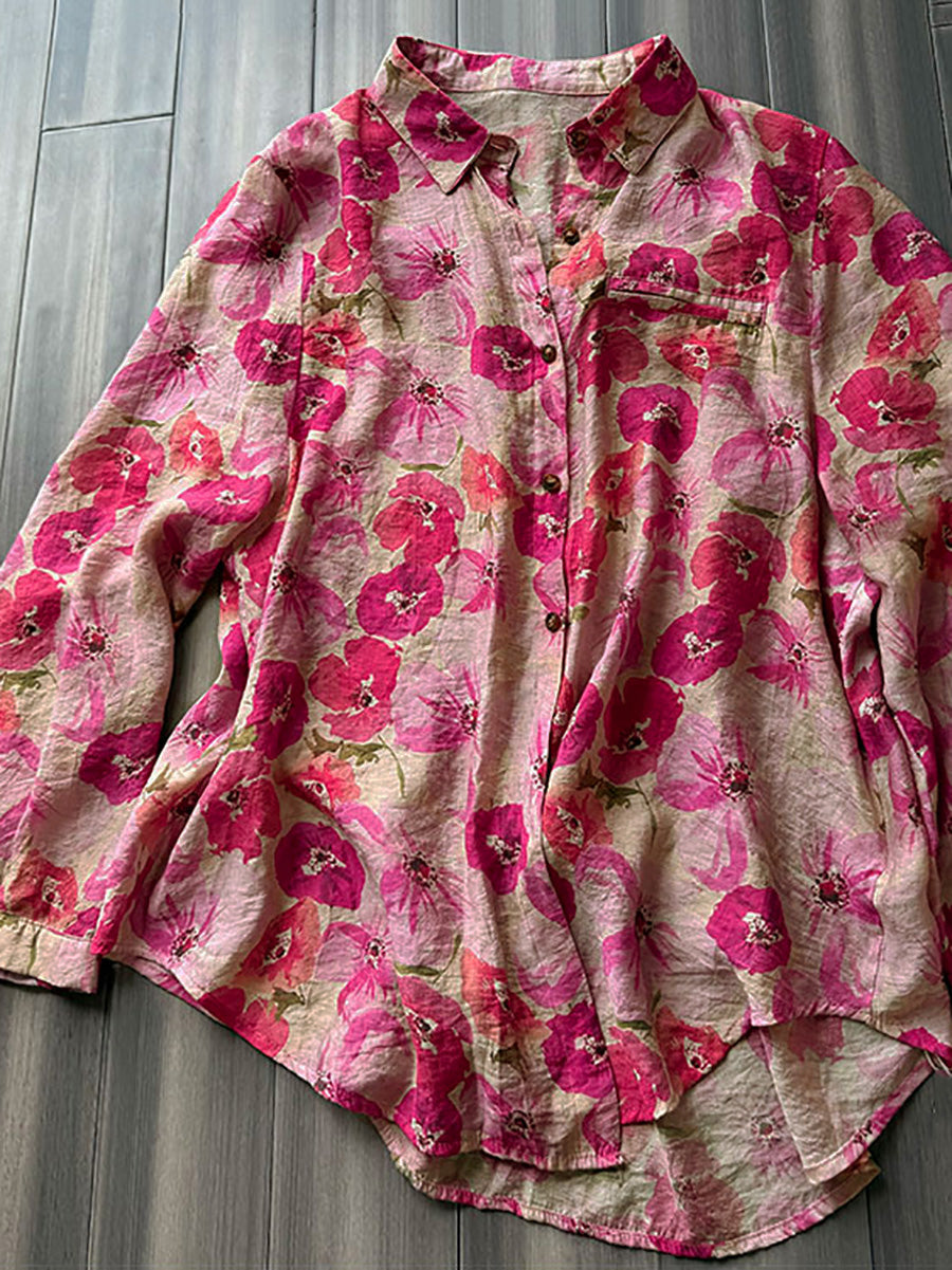Plus Size Women Summer Artsy Flower Turn-down Collar Shirt