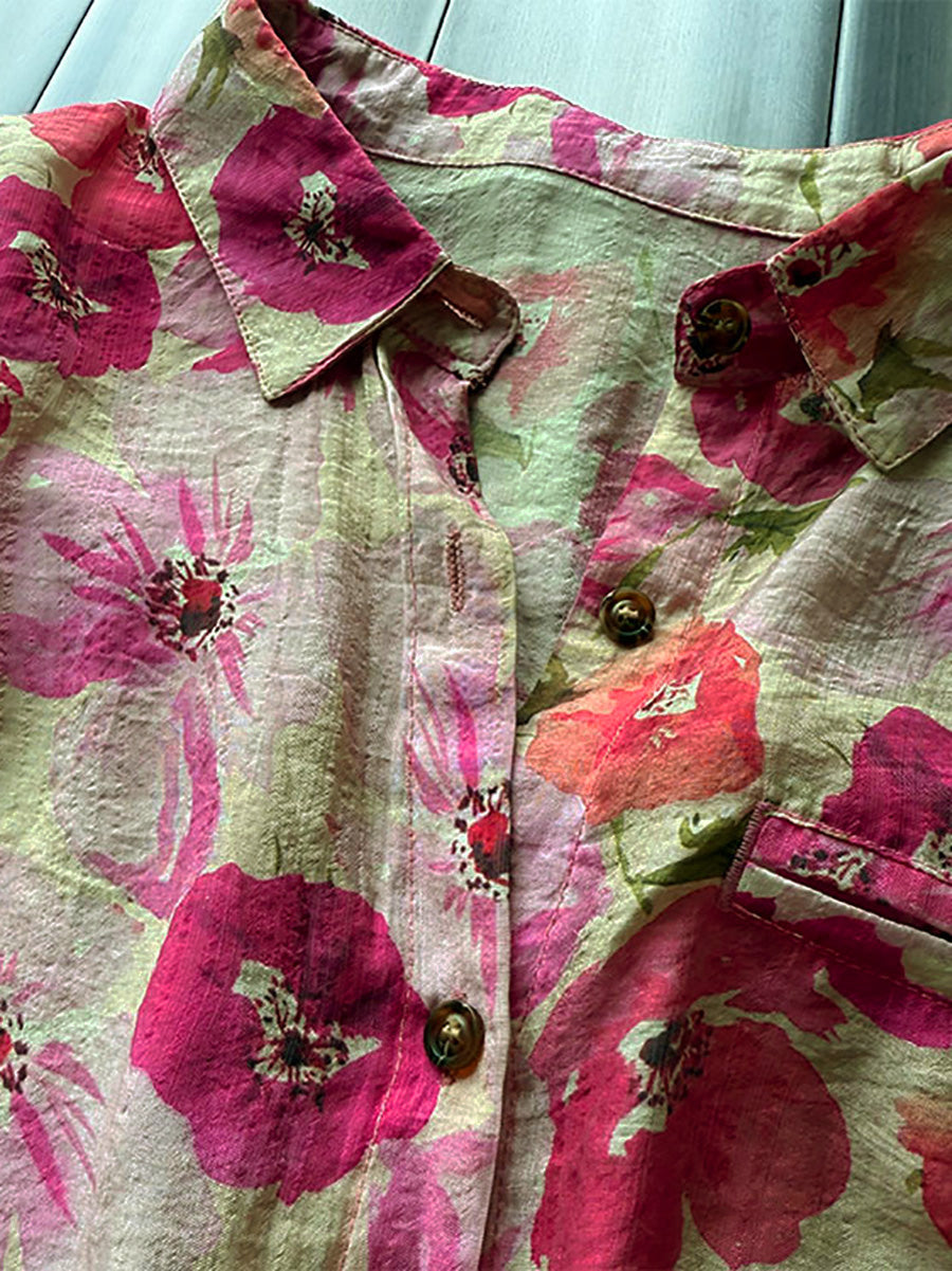 Plus Size Women Summer Artsy Flower Turn-down Collar Shirt
