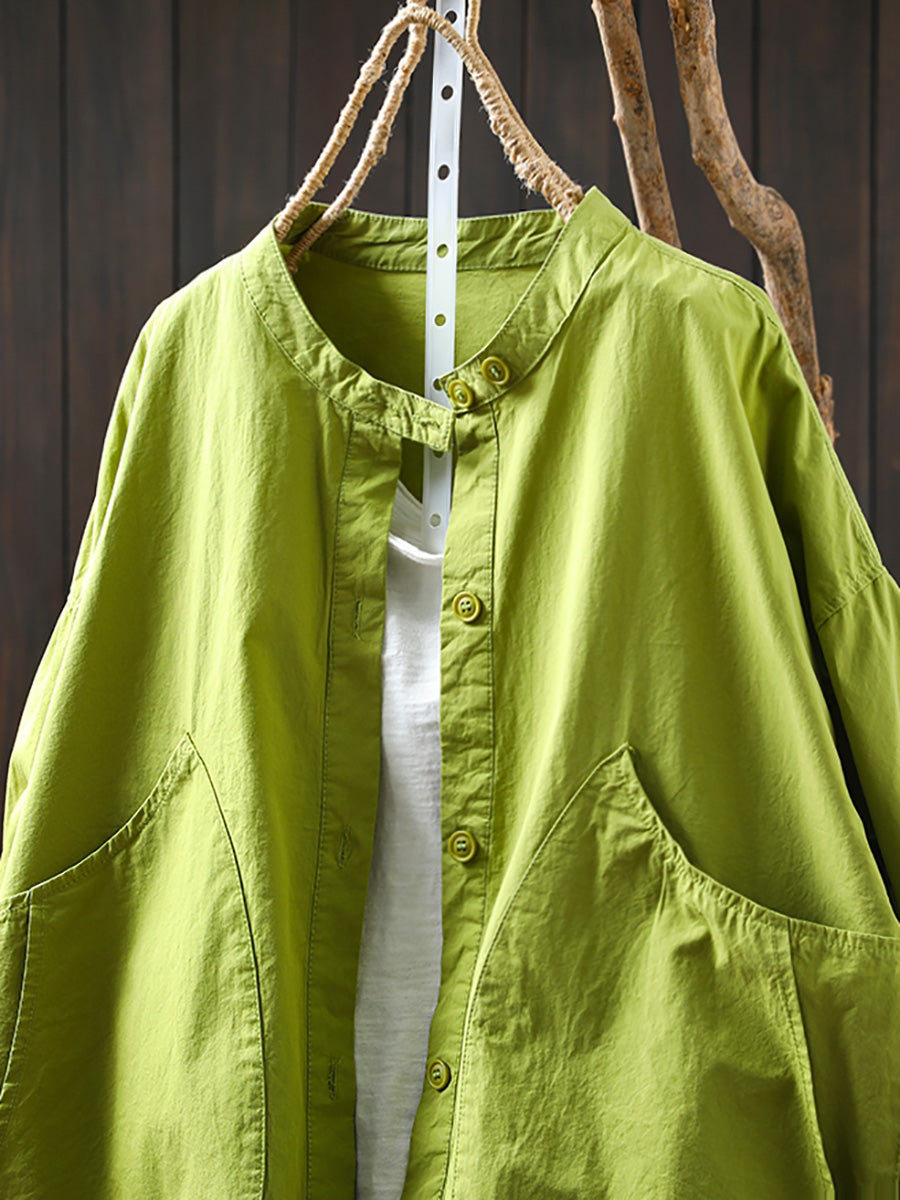Plus Size Women Summer Casual Pure Color Stand Collar Cardigan Shirt