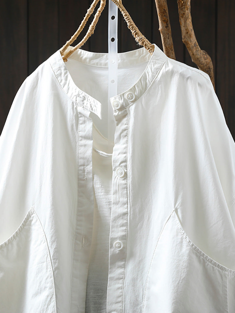 Plus Size Women Summer Casual Pure Color Stand Collar Cardigan Shirt