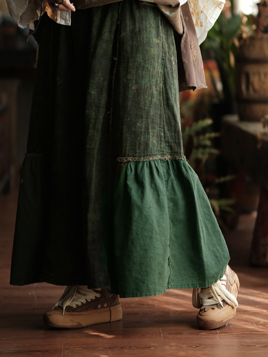Women Spring Retro Spliced A-Shape Cotton Skirt