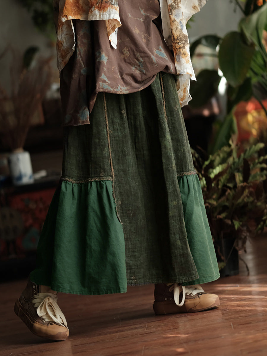 Women Spring Retro Spliced A-Shape Cotton Skirt