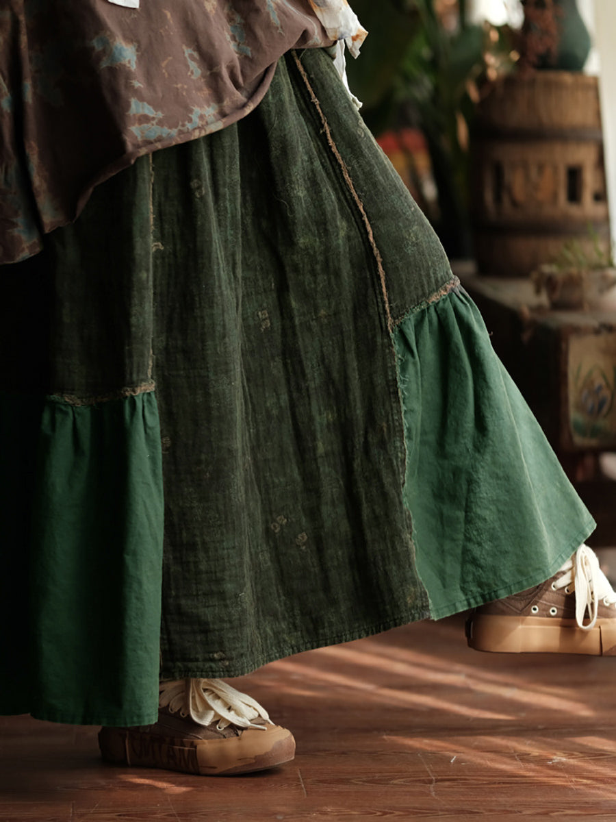 Women Spring Retro Spliced A-Shape Cotton Skirt