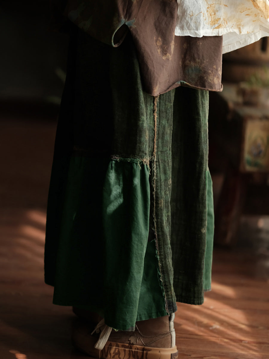 Women Spring Retro Spliced A-Shape Cotton Skirt