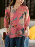 Plus Size Women Summer Retro Flower Stand Collar 100%Ramie Shirt