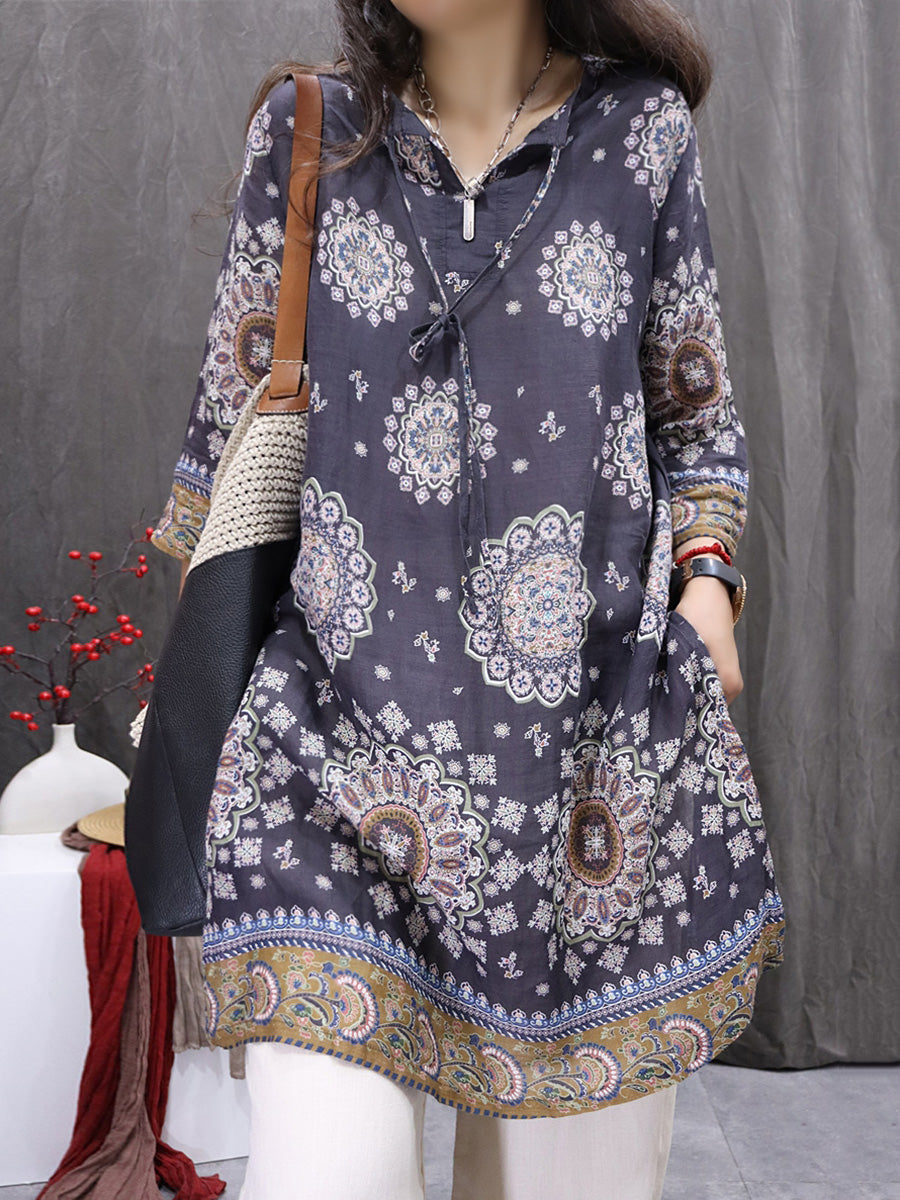 Women Spring Artsy O-Neck Flower 100%Ramie Blouse