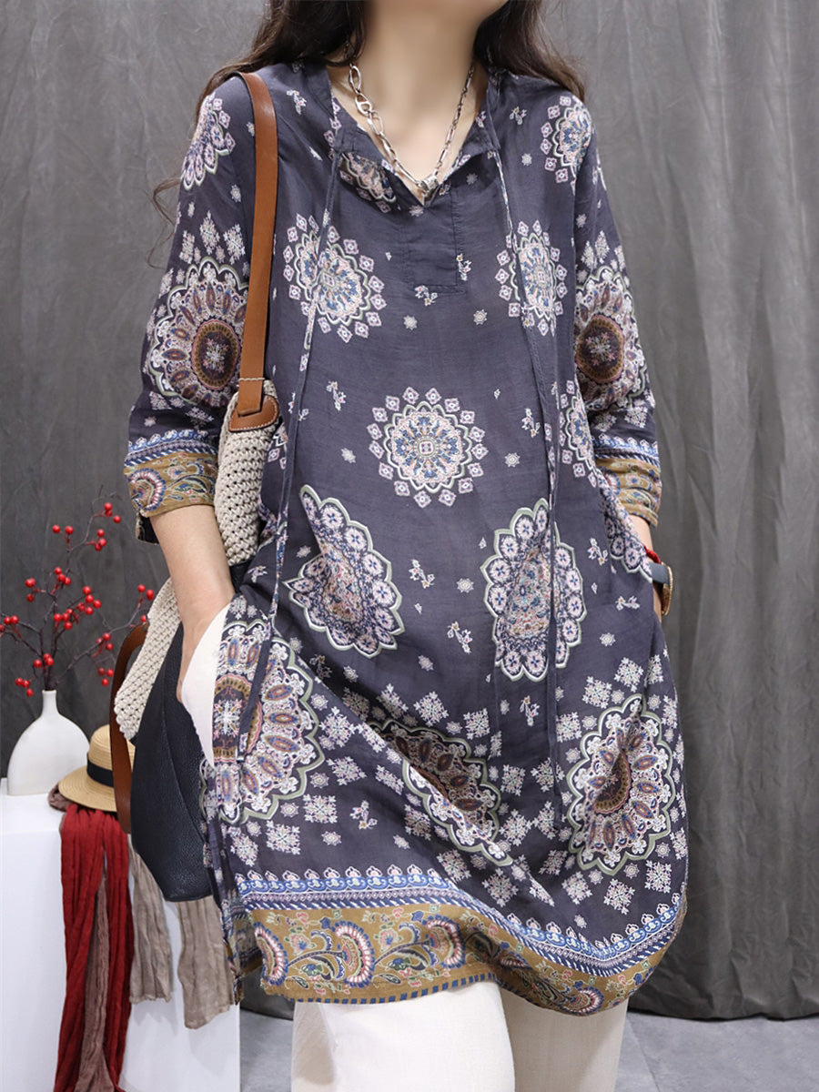Women Spring Artsy O-Neck Flower 100%Ramie Blouse