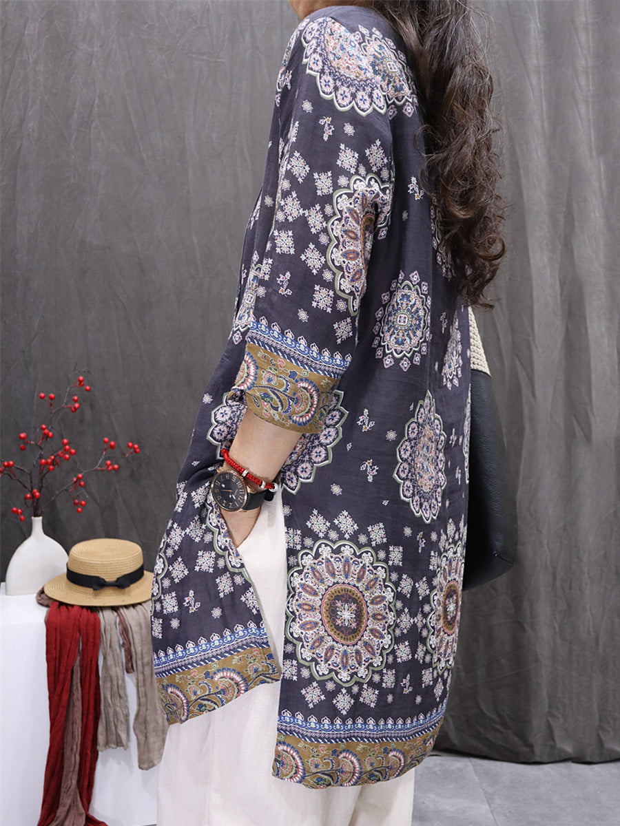 Women Spring Artsy O-Neck Flower 100%Ramie Blouse