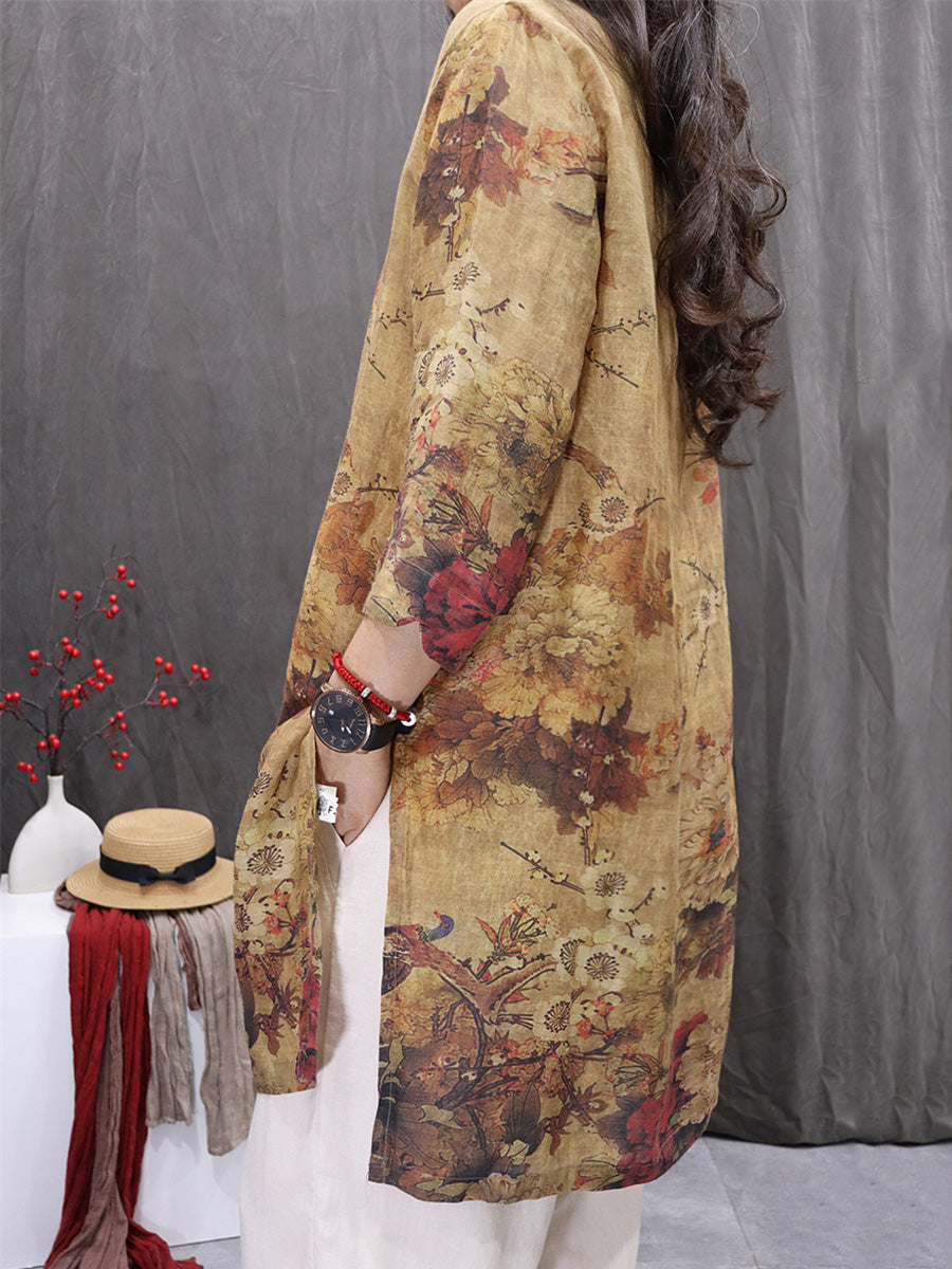 Women Spring Artsy O-Neck Flower 100%Ramie Blouse