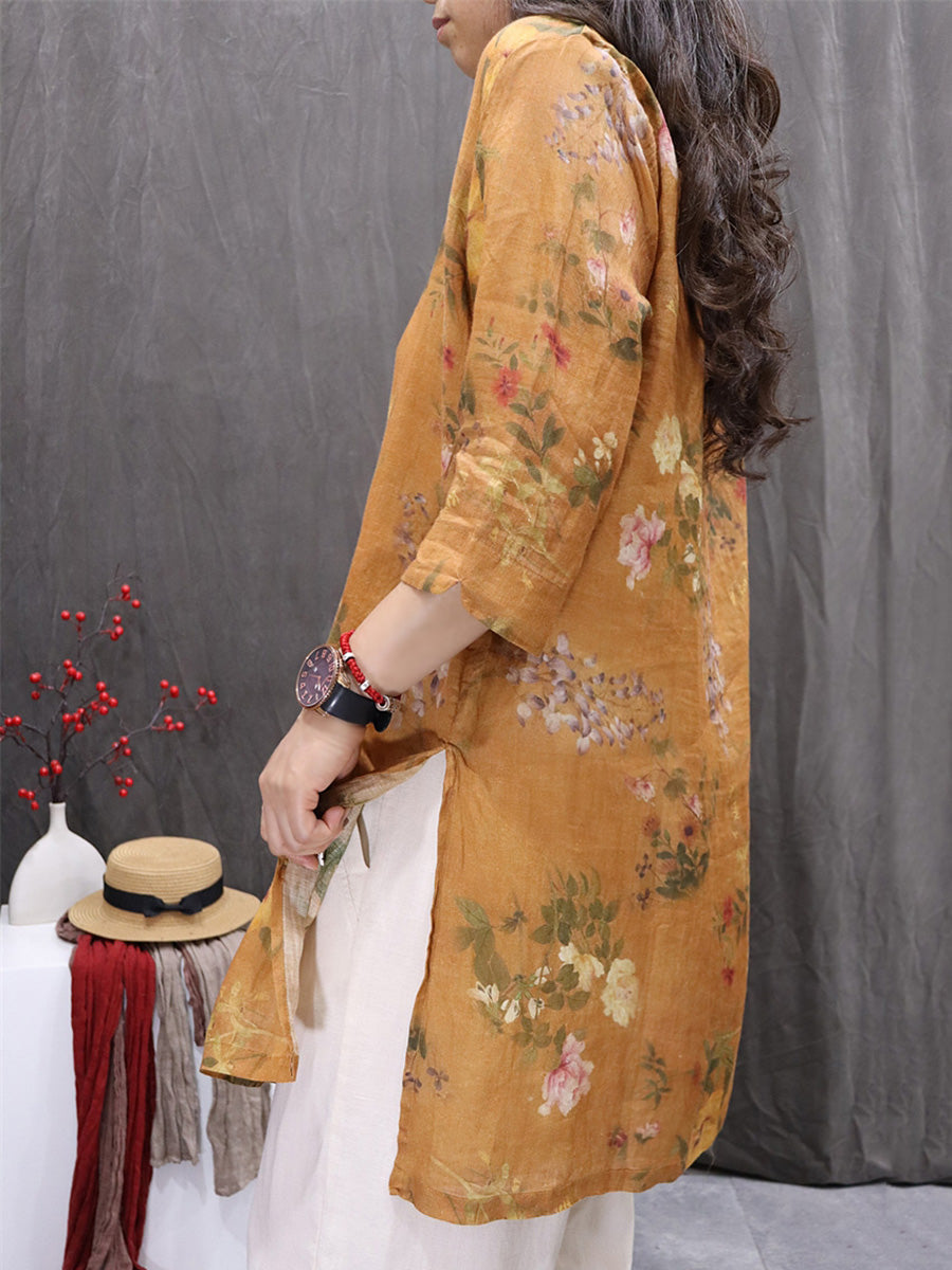 Women Spring Artsy O-Neck Flower 100%Ramie Blouse
