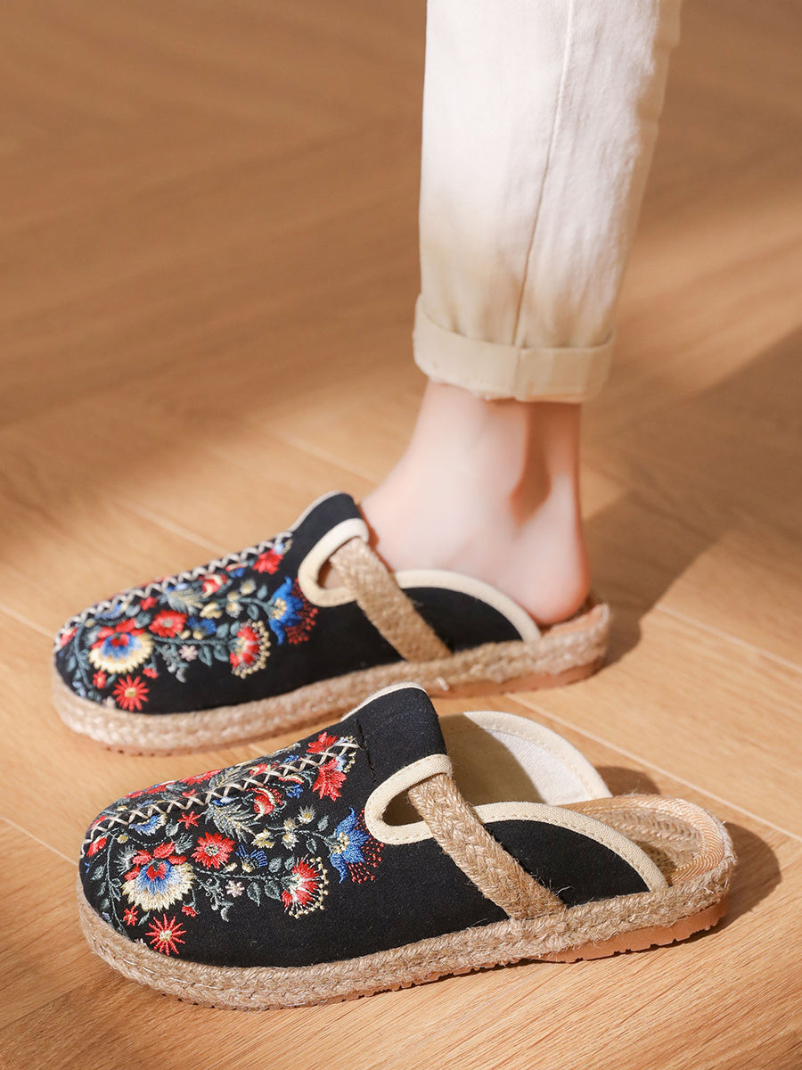 Women Summer Ethnic Flower Embroidery Cotton Slippers