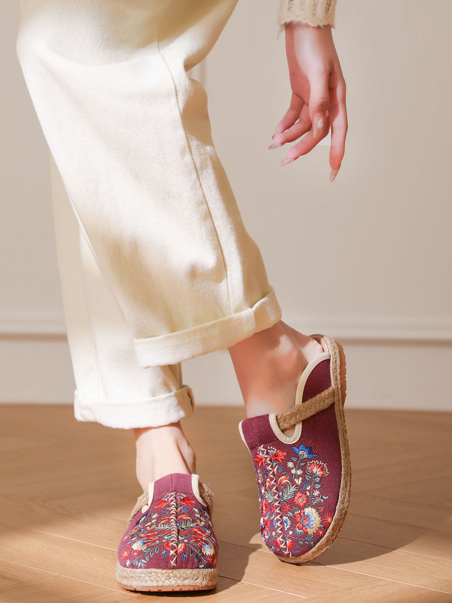 Women Summer Ethnic Flower Embroidery Cotton Slippers