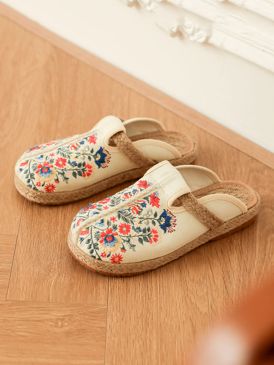 Women Summer Ethnic Flower Embroidery Cotton Slippers